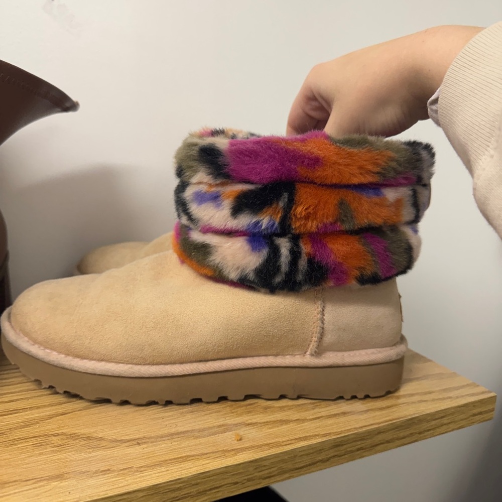 UGG Pink Suede Ankle Boots with Multicolor Fur Cuff